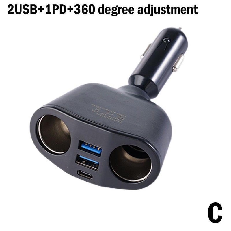 Dual USB Type-C car charger with digital display, QC3.0 fast charging, multi-functional cigarette lighter adapter, and extended car charger.